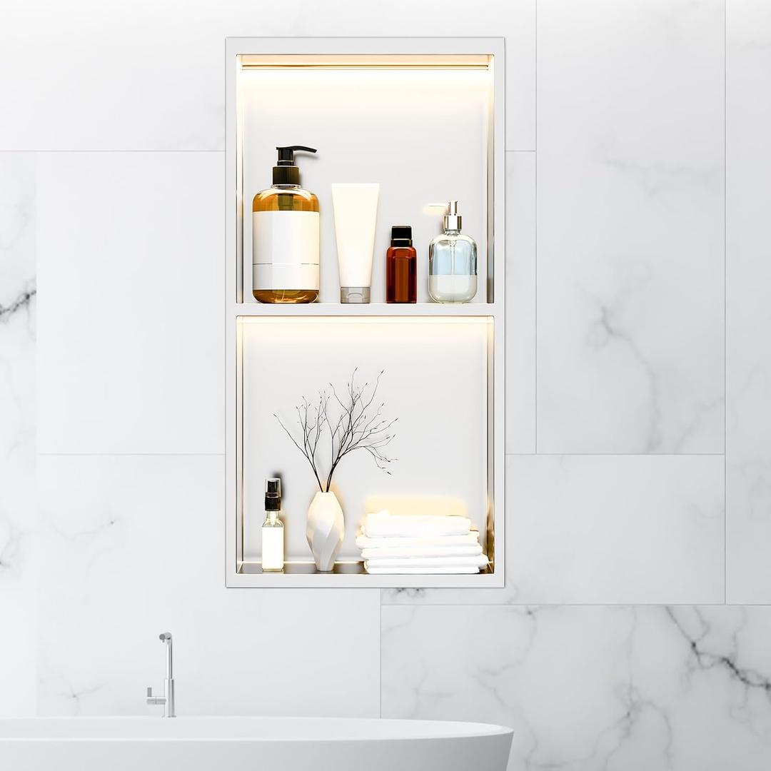 24 x 12 Inch LED Light Shower Niche Stainless Steel Niche No Tile Needed with Light Double Layer Recessed Wall Niche Insert Shower Niche Shower for Bathroom Storage(Silver)