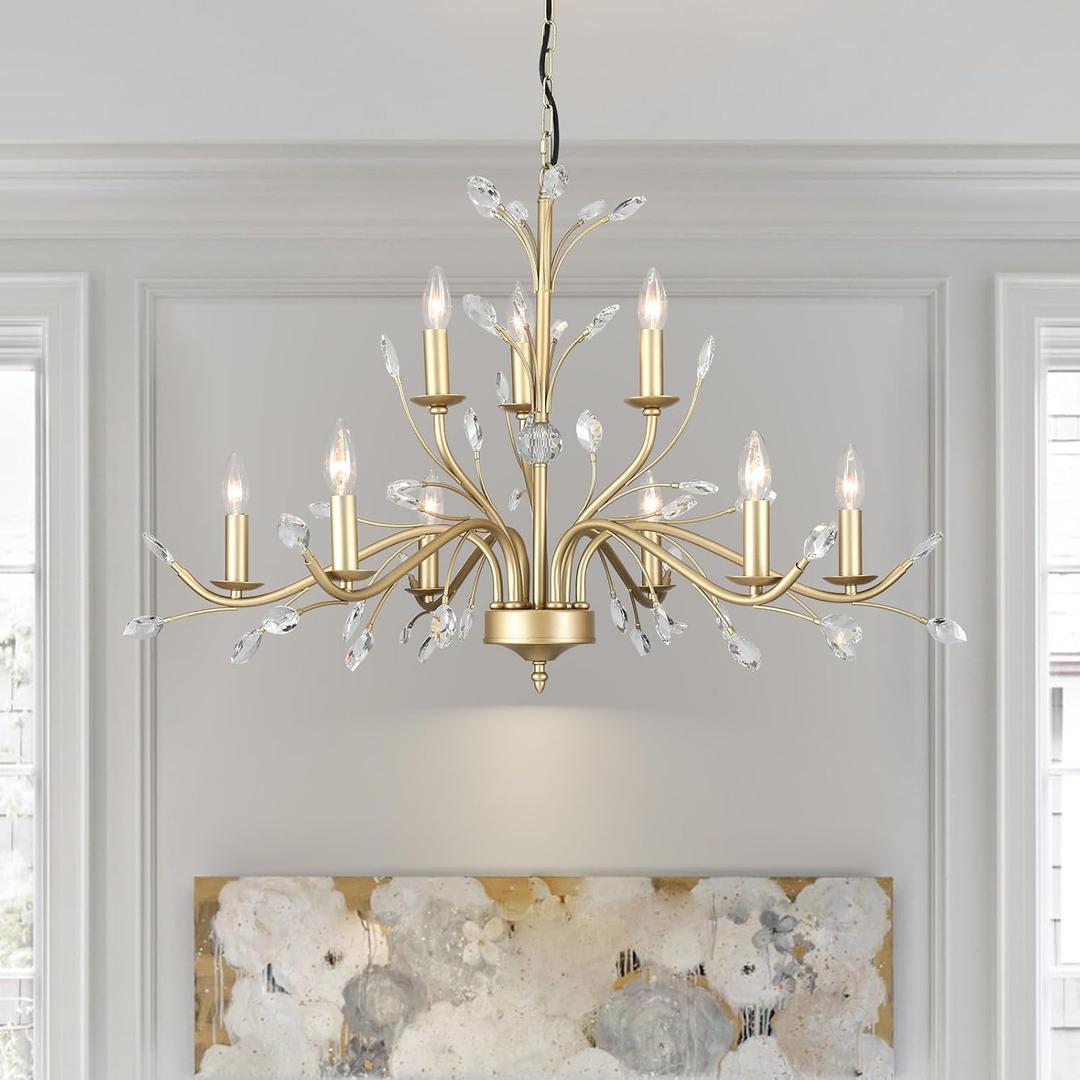 Vintage Crystal Chandeliers 9-Lights Gold Tree Branch Chandelier for Living Room, Crystal Pendant Chandelier Lighting Fixtures for Dinning Room Entryway Foyer Bedroom etc.