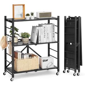 VEVOR 3-Tier Foldable Storage Shelf, 30W x 13D x 36H Inch Folding Metal Rack Shelving Unit, No Assembly Organizer Shelf with 5 Wheels & 4 Hooks for Pantry, Kitchen, Garage, Basement, Black