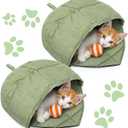 AceOrbit 2 Pcs Cat Sleeping Bag, Linen Fabric Nest Cat Bed Cave Leaf Cuddle Covered Pet Hide Cozy Hood Burrowing Zone Soft Durable Washable with Nonslip Bottom for Indoor Puppy and Kitten(Green)
