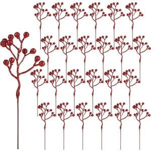 CCINEE 24 Pack Christmas Artificial Red Berry Stems,6.9 Inch Xmas Red Glitter Berry Picks Holly Branches for Christmas Tree Ornaments Xmas Wreath DIY Crafts Home Holiday Decor
