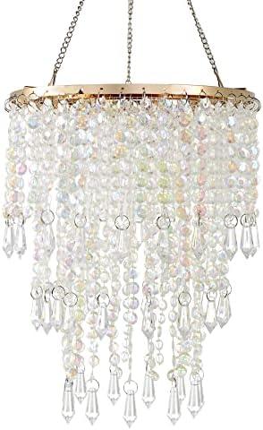 FlavorThings 3-Tier Acrylic Chandelier Shade with Crystal Beads and Gold Frame - Elegant Ceiling Light Pendant for Bedroom, Wedding, Party Decor - Dimensions: W8.6 X H12(H12)