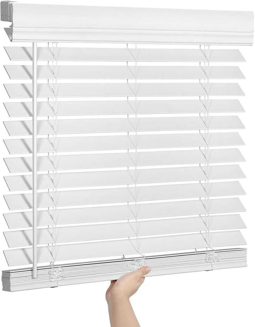 SEEYE 2 Inch Faux Wood Blinds for Indoor Windows with Crown Valance, Cordless Room Darkening Window Blind, 33" W x 60" H, Horizontal Wooden Shades for Bedroom, Kitchen, Office, Doors, White