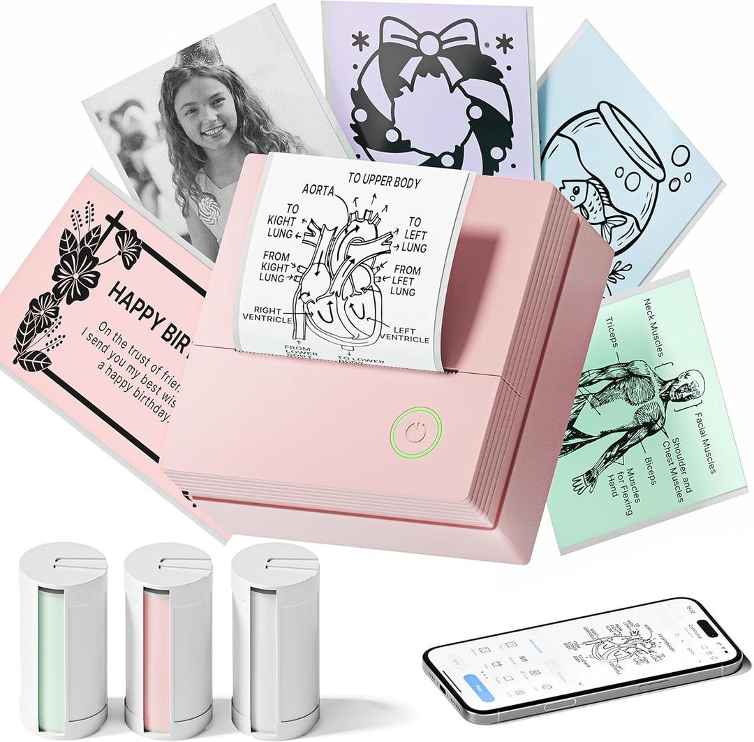 Sticker Printer, PM290 Mini Printer, Bluetooth Sticker Maker Machine with 3 Rolls Paper, Smart AI APP, Portable Print Pod for Study Notes, List, Picture, DIY Gifts for School Office Home, Pink