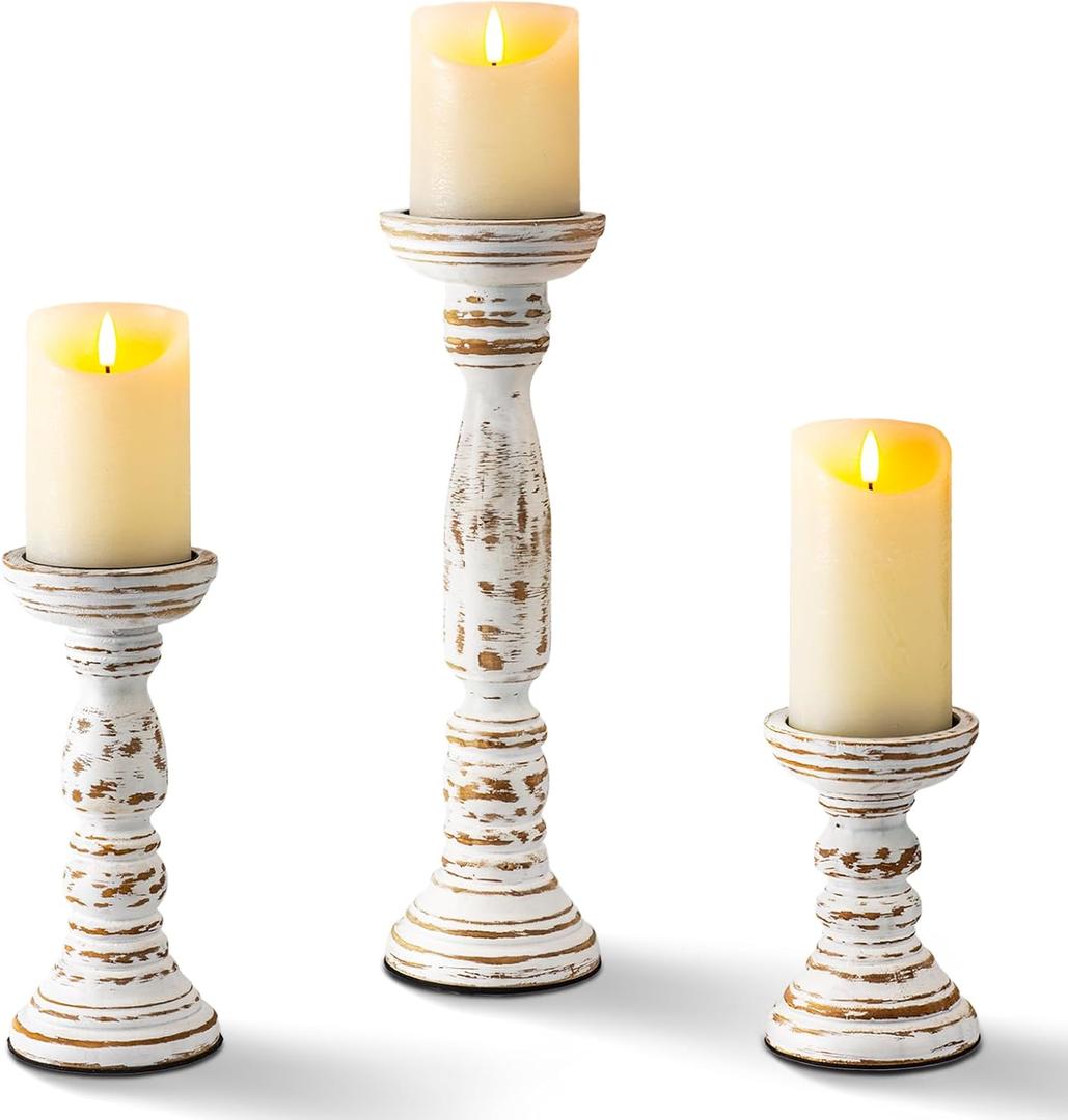 Homemory Farmhouse Wood Candle Holders for Pillar Candles Set of 3, Rustic Candle Holders for Table Centerpiece, 13" 9" 6" Vintage Tall Candle Stand Decorative for Dining Fireplace Living Room (White)