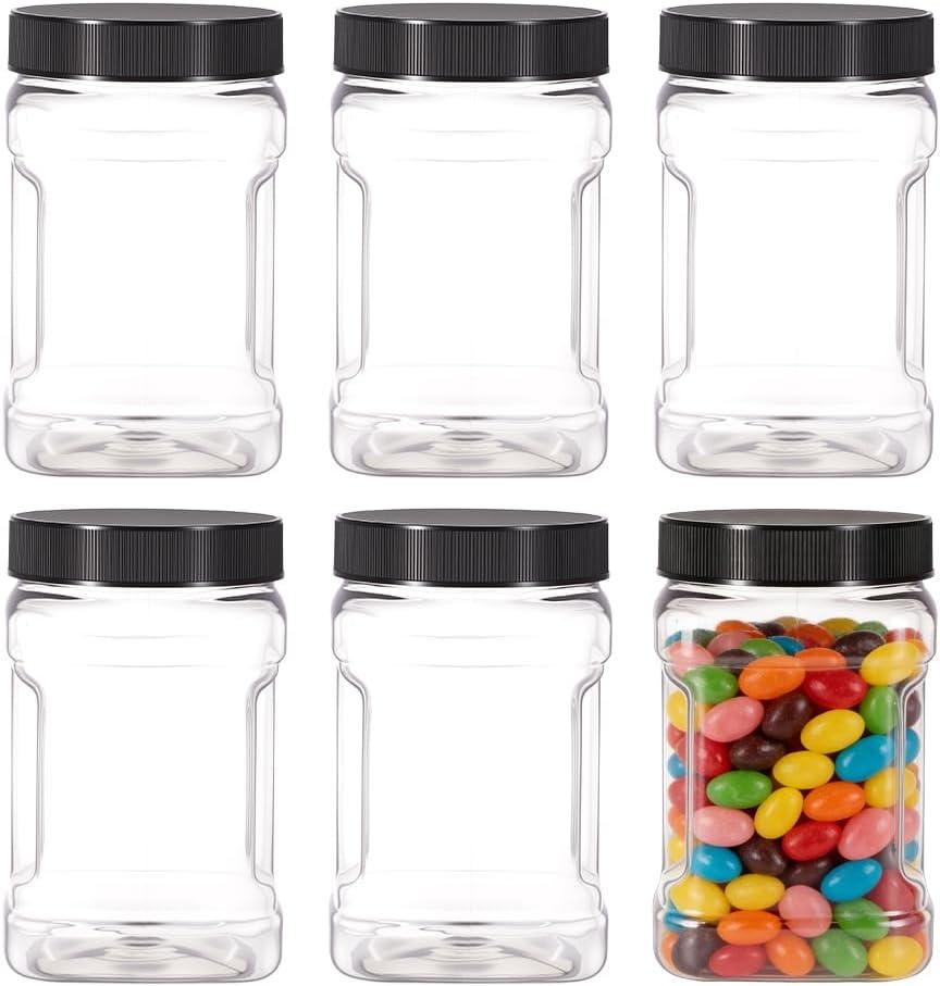 6 Pack 32 Oz Clear Plastic Square Jars with Easy Grip Handles - Airtight Storage Containers for Dry Goods, Cookies, Candy, Snacks & Pantry Organization