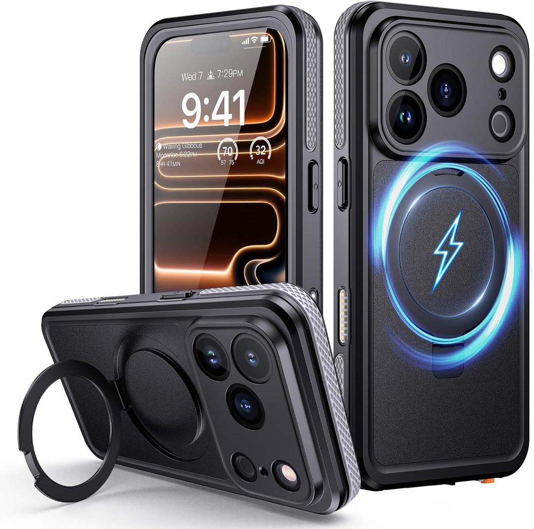 Lanhiem Magnetic for iPhone 17 Pro Max Waterproof Case, Dustproof Case Built-in Screen Protector, [Fit for MagSafe] [Invisible Stand] Shockproof Heavy Duty Underwater Case for 17 Pro Max (Black)