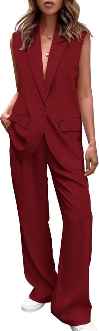 PRETTYGARDEN Women's 2 Piece Outfits Sleeveless Suit Vest and Wide Leg Pants Business Casual Blazer Sets (XX-Large,  Red)