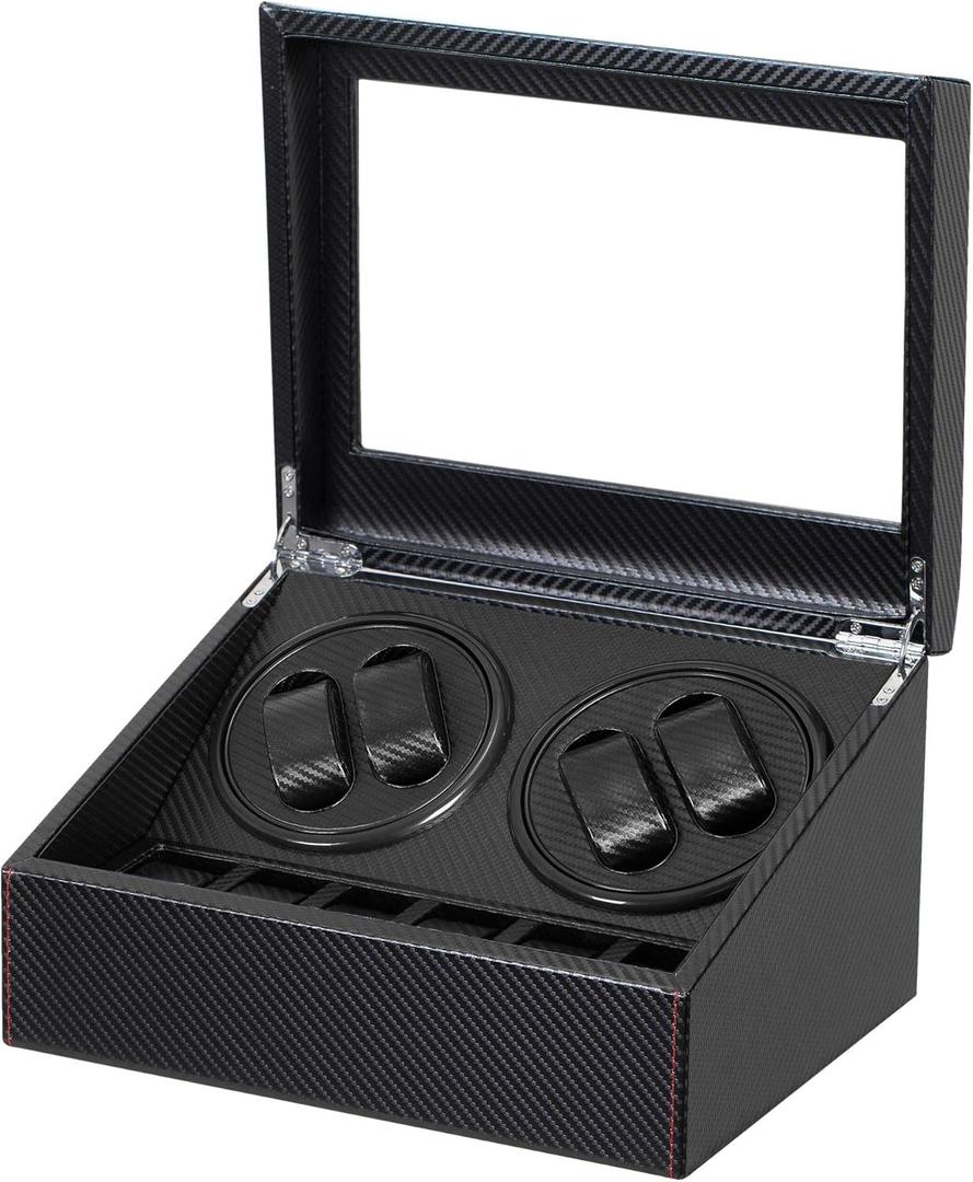 LLS Automatic Watch Winder with 4 Quiet Running Motor Watch Winding Display+ 6 Flexible Watch Pillows Luxury Fiber Leather Storage Case for Man/Woman's Watches