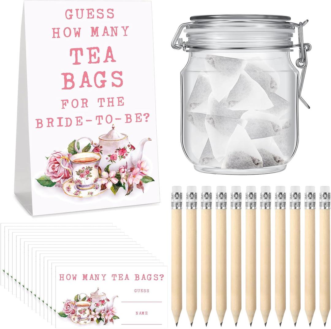 72 Pcs Bridal Shower Tea Party Favor Game Prizes 1 Guessing How Many Tea Bags Sign 50 Guessing Game Cards with 20 Pencils and 1 PET Jar for Guests Wedding (No Tea Bag)