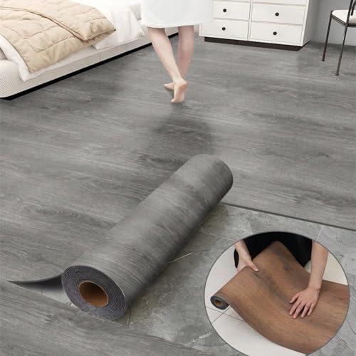 Luxury Thicken Wood Grain Peel and Stick Floor Tiles Self-Adhesive Vinyl Flooring Roll-DIY Easy for Wall and Floor,Hard Surface/Waterproof/Anti Slip (Gray Vinyl Flooring, 17.72 "W X 393.7" L)