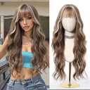 Esmee Long Wavy Highlights Light Brown Wigs for Women Natural Synthetic Hair Heat Resistant Wigs with Bangs for Daily Party Cosplay