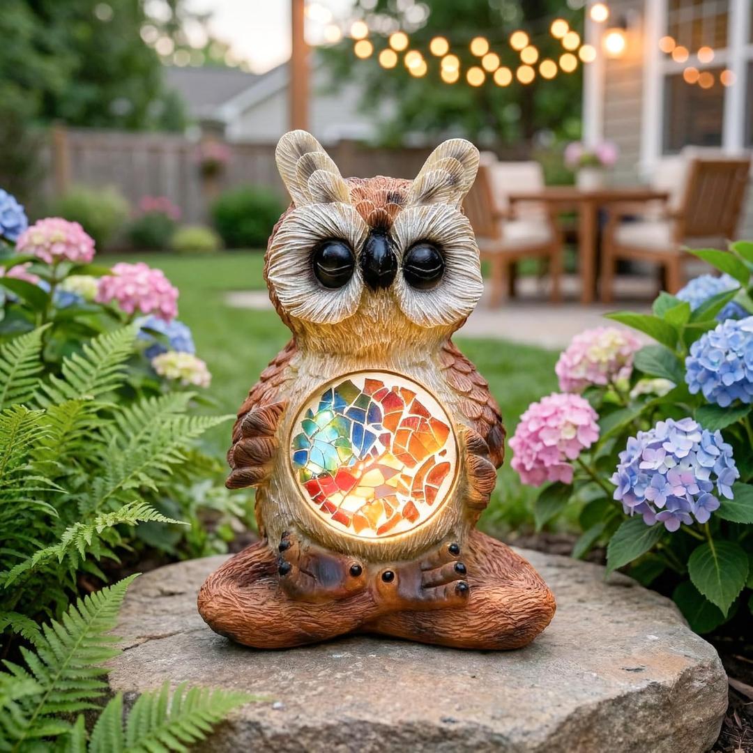 Solar Garden Sculpture, Resin Owl Outdoor Solar Light Ideal for Gardens, patios, courtyards, and as a Decorative Night Light for Indoor Home desks