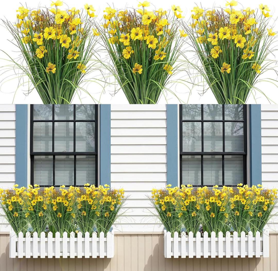 6 Bundles Artificial Flowers for Outdoors Fake Silk Flowers UV Resistant No Fade Plastic Flowers for Spring Summer Outside Garden Porch Window Box, Indoor Table Vase Home DecorYellow