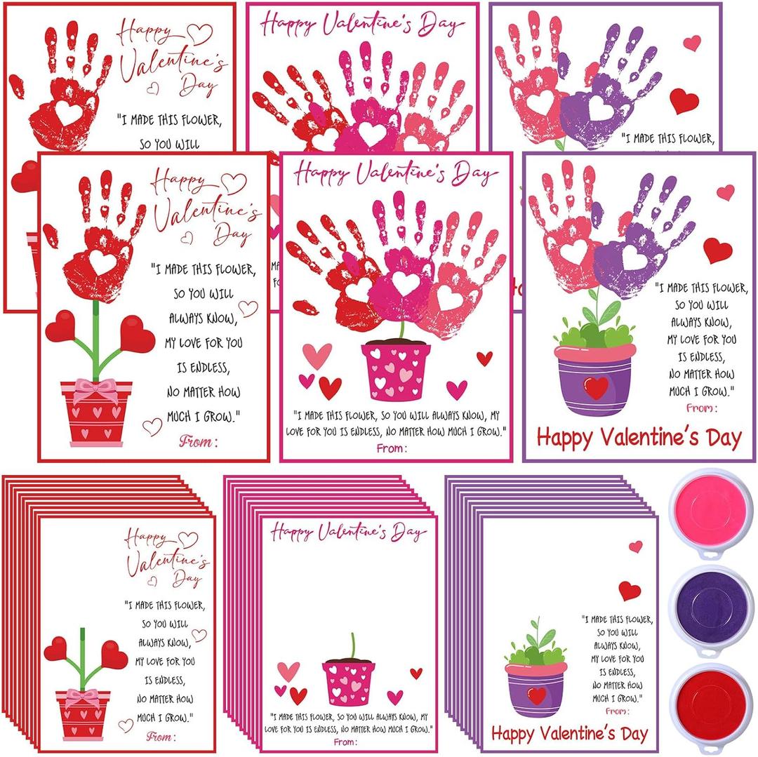 Pajean 30 Pack Valentines Day Handprint Bouquet Card Kit with 3 Large Ink Pads Red Pink Purple DIY Craft Set for Art Activity Stamping Holiday Party Home Family Gifts Supplies Decoration