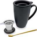 YumKubis Tea Mug with Infuser and Lid, 17oz Large Tea Infuser Cup, Ceramic Tea Infuser Mug Loose Leaf Teacups with Strainer, Spoon & Silicone Lid, Microwave & Dishwasher Safe, Black