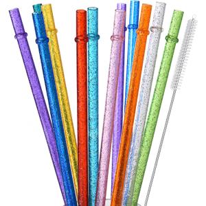 ALINK 12-Pack Glitter Reusable Clear Plastic Straws, 11" Long Hard Tumbler Replacement Drinking Straws for 16 OZ 20 OZ 30 OZ Stanley, YETI, Starbucks Tumblers with Cleaning Brush
