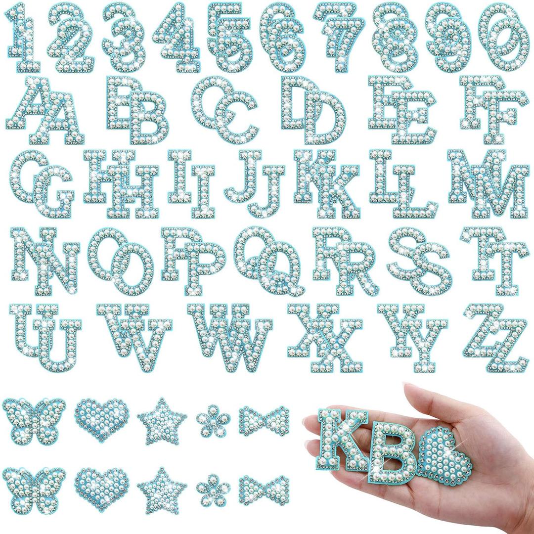 82Pcs Self Adhesive Pearl Letter Patches (A-Z),Number Patch 0-9,Glitter Pearl Letter Patches Rhinestone Applique for DIY Clothes, Bags, Shoes Blue