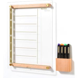 Clear Gold Glass Weekly Dry Erase Calendar Whiteboard with Wood Decoration for Wall, Menu & Meal Planner White Board for Home Kitchen, 15x11, Wood Marker Holder and 4 Markers Included, Yeoux