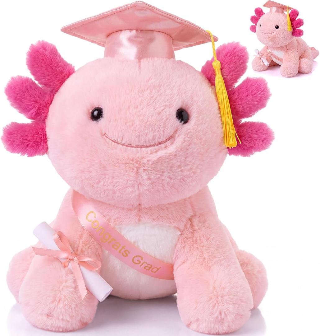 HyDren 2026 Graduation Gifts Plush Axolotl 10 Inch Stuffed Animal Signature for Class of 2026 Graduation Congratulations with Cap Plushies Certificate Axolotl Bear for Students Gifts(Pink)