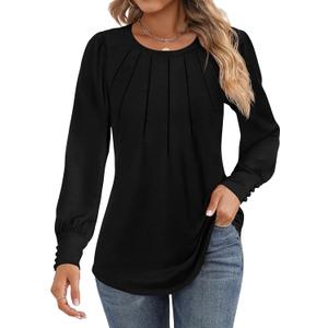 Ficerd Women's Puff Long Sleeve Tunic Tops Pleated Crew Neck Blouses Dressy Casual Shirts 2025 Trendy Clothing (Black, S)