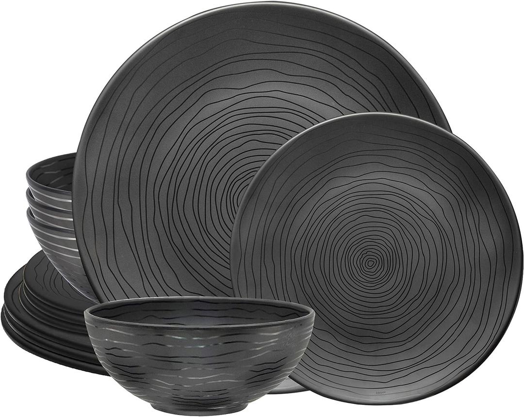Bzyoo 12 Piece Melamine Dinnerware Set - Durable, Dishwasher Safe Organica Black Plates and Bowls Sets Casual Dish Set for Dining, Outdoor and Kitchen (Organica Black)