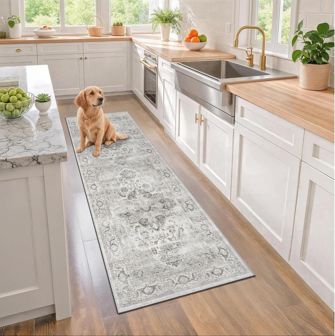 2x6 Washable Runner Rug - Soft Hallway Runner Rugs with Non Slip Backing, Vintage Farmhouse Entryway Mat for Living Room Kitchen Laundry Bedroom Ivory/Gray
