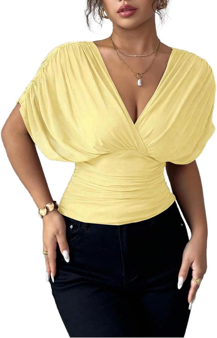 Milumia Women's Ruched Mesh T Shirt Short Sleeve Wrap Cinched Waist Tops (Yellow, S)
