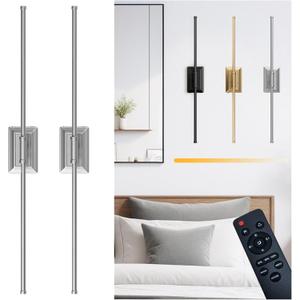 Battery Operated Wireless Wall Sconce - Modern Rechargeable Led Sconces in Black Gold Silver - Bedroom Decor Lights Set of 2 - Long Indoor Living Room Bathroom Remote Wall Light