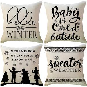 ULOVE LOVE YOURSELF 4Pack Hello Winter Throw Pillow Cover Sweater Weather/Snowflake Christmas Decor Pillowcases Winter Holiday Decorative Cushion Covers for Sofa/Couch/Porch (Beige)