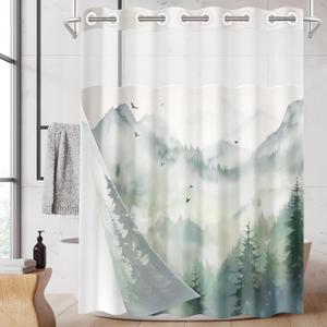 No Hook Landscape Forest Shower Curtain with Snap in Fabric Liner, Green Mountains Nature Double Layers Waterproof Fabric with See Through Top Window Open Grommet Bath Curtain 71x74 Inch