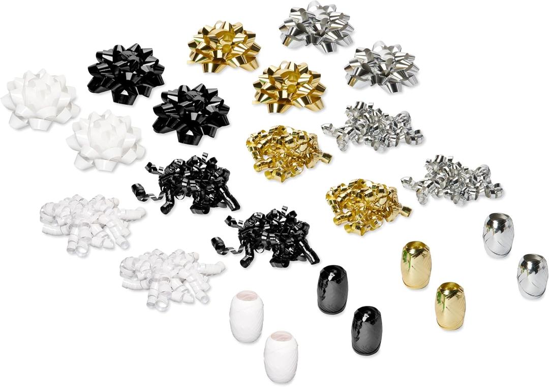 American Greetings Christmas Bows and Ribbon for Gifts and Gift Wrapping, Gold, Silver and Black (24-Count)