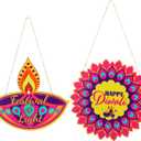 2pcs Wood Happy Diwali Door Sign, Diwali Front Door Hanger Indian Festival of Lights Party Welcome Decor Wall Hanging Plaque
