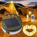 Solar Camping String Lights, 39.4 Ft Ultra Outdoor String Lights with 8 Lighting Modes, Solar Power and USB Rechargeable with Remote Control, Waterproof Portable Camping Lights for Yard Hiking (White)