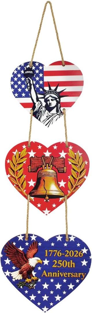 Piemow 4th of July Decorations - Patriotic Decorations Heart Door Sign Hanging, Independence Day Wooden Door Wreath Hanger, Memorial Day Indoor Outdoor Home Decor