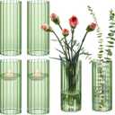6 Pcs 8 Inch Tall Glass Ribbed Cylinder Vases Clear Floating Candle Flower Vase in Bulk, Hurricane Candle Holder for Wedding Housewarming Gift Table Centerpieces(Green)