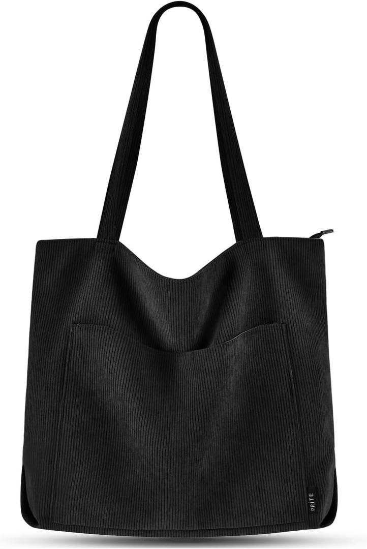 Prite Corduroy Tote Bag for Women Large Shoulder Bag with Zipper and Pockets for College Work Travel Shopping (Black)