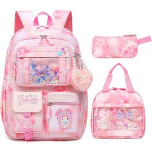Lovely Girls Backpack School Bag for Students Kids Book Bag with Multiple Pockets Splash-proof Children's Backpack (17inch Set Pink)