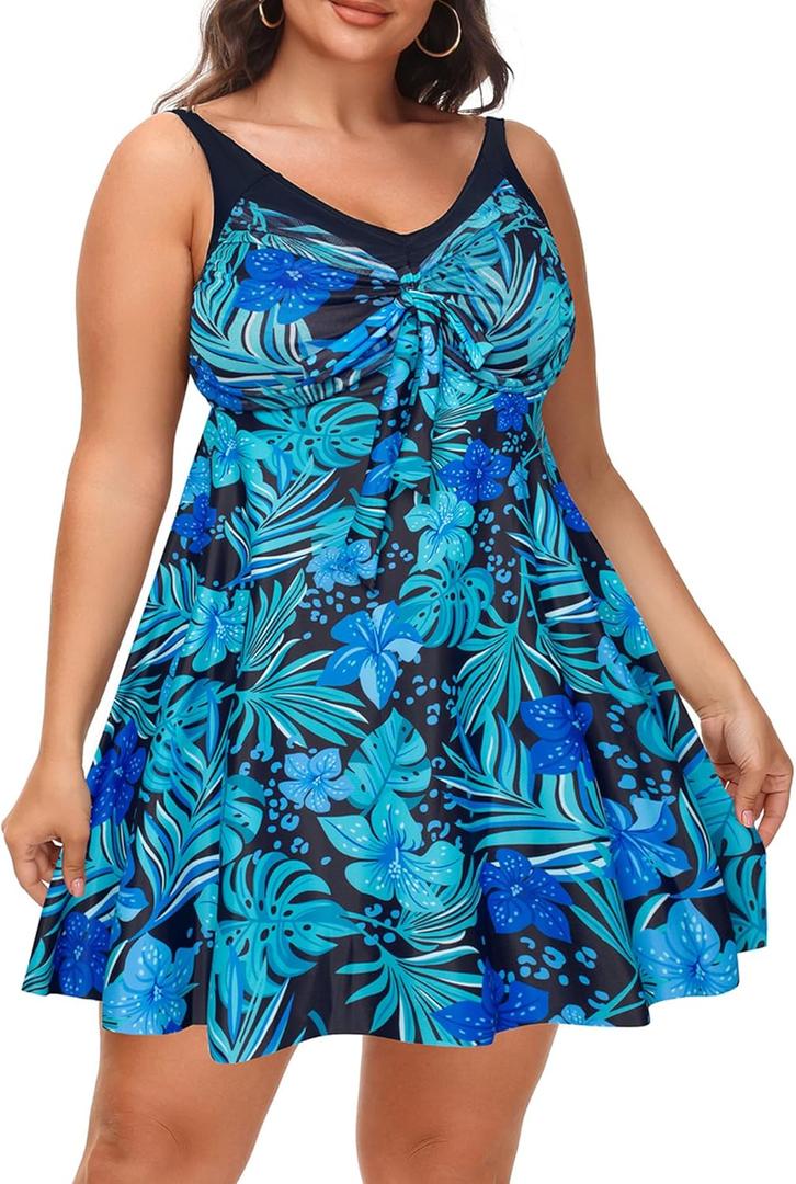 Hanna Nikole Women Two Piece Plus Size Swimsuit Tankini Set Tummy Control Bathing Suit with Shorts Blue Flower 20 Plus