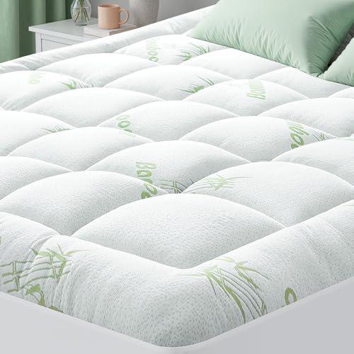 HYLEORY Mattress Topper - Thick Bamboo-Viscose Naturally Cooling Pillow Top Mattress Pad Breathable Fluffy Soft Mattress Pad for Back Pain Relief, Queen Size, Green