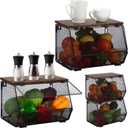 2 Pcs Stackable Metal Mesh Storage Basket with Wood Lid, Wall Mounted Hanging Basket Fruit Snack Vegetable Storage Container for Kitchen Counter Bathroom 7.1"w & 11.8"l(Black,Non-removable)