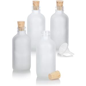 JUVITUS 4 oz / 120 ml Frosted Clear Glass Boston Round Bottle with Cork Stopper Closure (4 Pack) + Funnel
