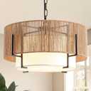 4-Light Rattan Chandelier, 19.7" Boho Pendant Light with Fabric Shade, Farmhouse Rattan Hanging Ceiling Light Fixture for Dining Room, Living Room, Kitchen Island, Bedroom, Hallway, Foyer, 19.7" Straight weaving