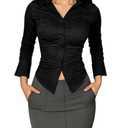 Slim Fitting Sexy Long Sleeved Shirt with Row Collar and Button Pleated Waist for Women's Shirt (US, Alpha, Small, Regular, Regular, Khaki)