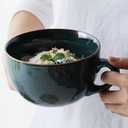 24 Oz Large Ceramic Coffee Mug, Grain Soup Mugs/Salad Bowl/Oversized Porcelain Bowl for Coffee-with Coaster and Spoon, Tea, Ice Cream, Cereal (Dark Green)