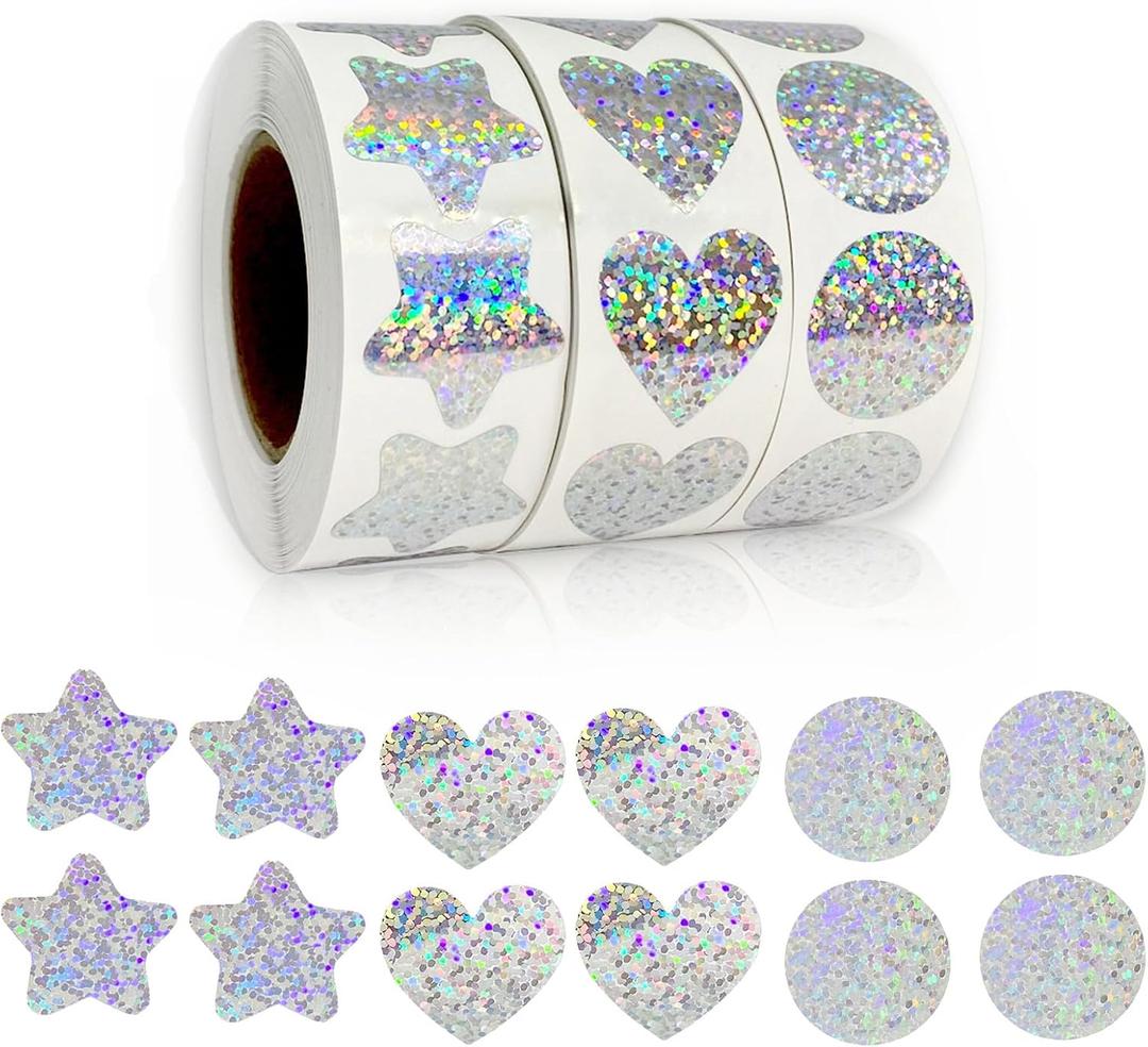 Valentine's Day Holographic Glitter Stickers Roll -1500 Pcs Star/Heart/Circle Shapes, Iridescent Self-Adhesive Decals for DIY Crafts, Scrapbooking, Laptop & Water Bottle Decor