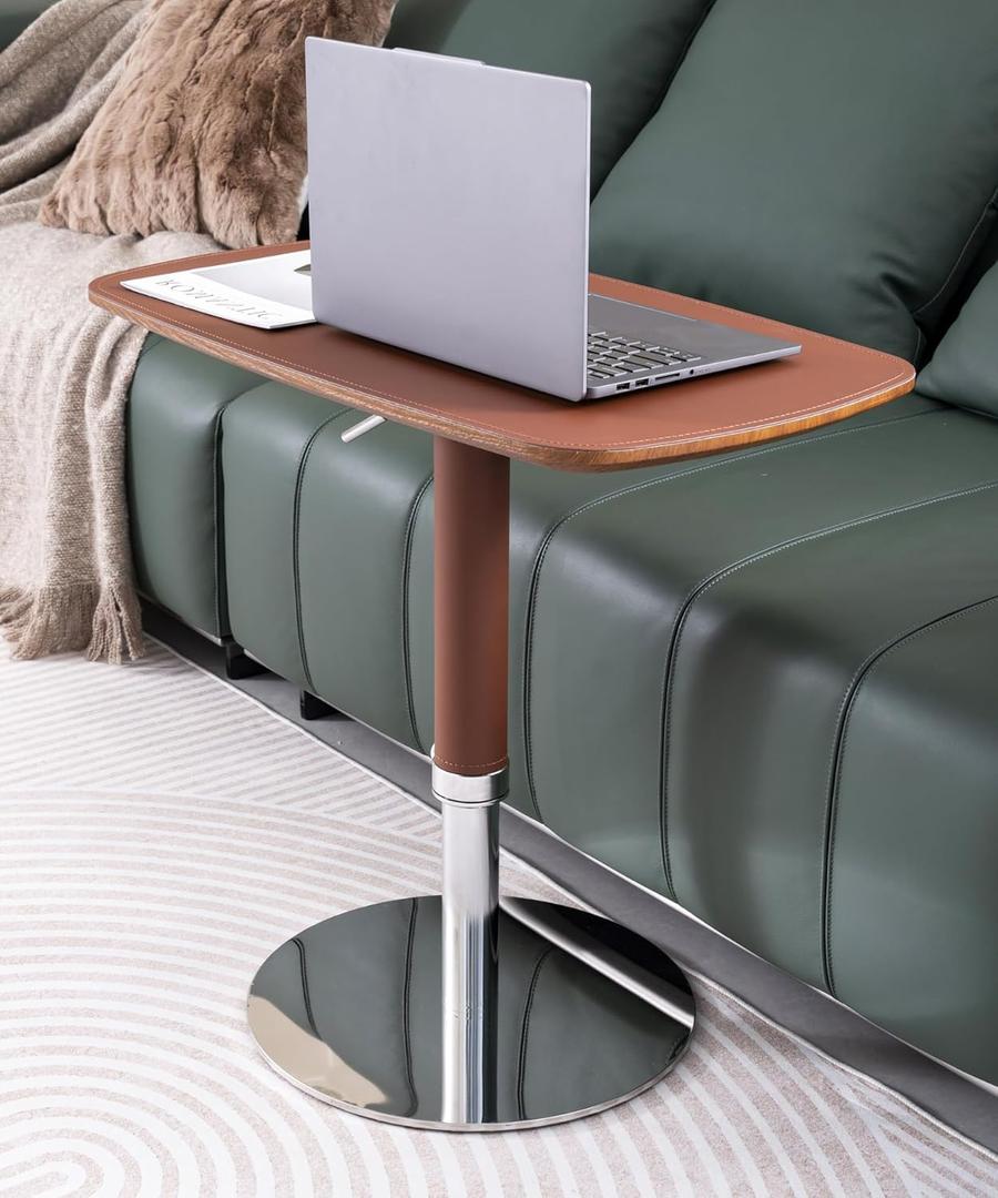 Adjustable Swivel Table with Faux Saddle Leather Cover & Metal Leg, Laptop Stand for Bed, TV Tray for Eating, Modern Couch Table for Living Room (Brown)