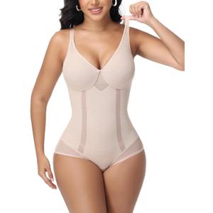 SHAPESHE Shapewear Bodysuit with Underwire for Women Deep V Neck Faja Body Shaper Mesh Slimming Bodysuit, Size L