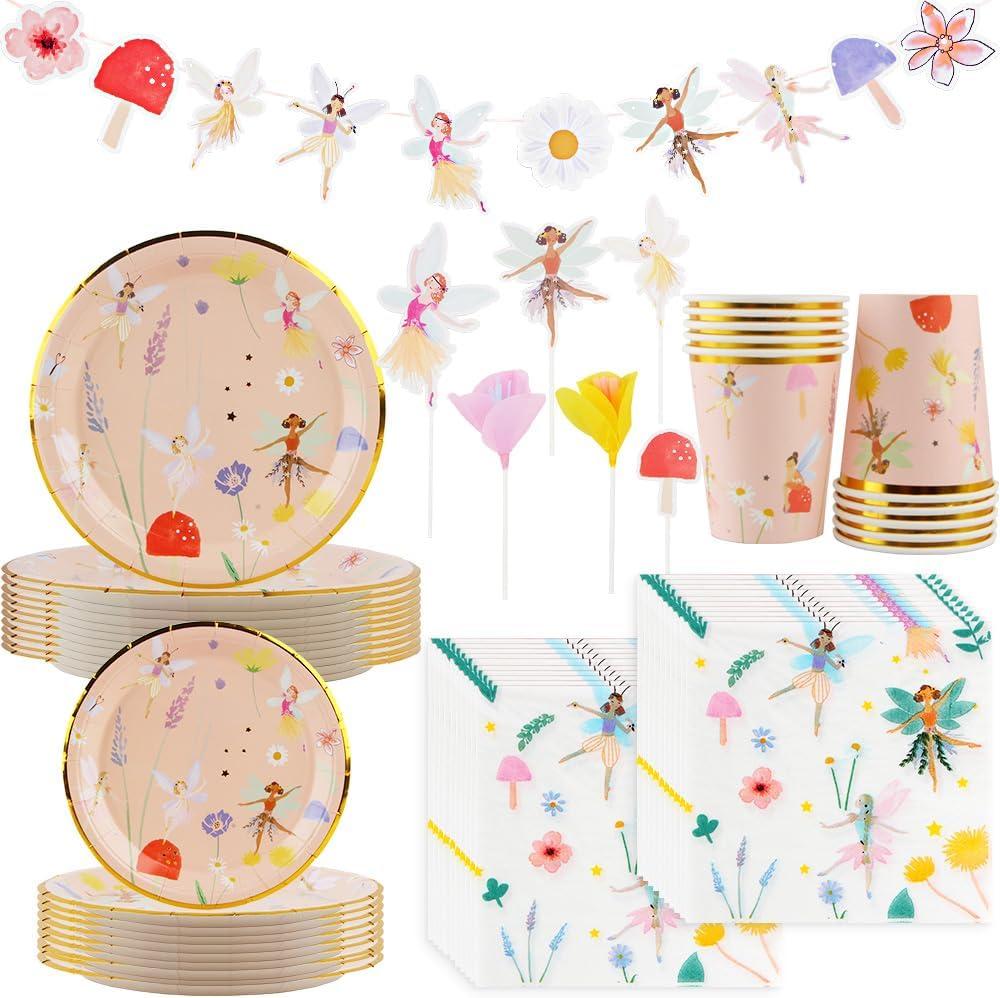 57Pcs Fairy Disposable Tableware Set Flower Fairies Mushroom Party Plates Cups Napkins Sets Fairy Cake Topper Banner Fairy Party Decorations Supplies Girls Birthday Party Decor(10 Guests)