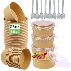 25 Pack 25oz Disposable Kraft Paper Bowls with Lids and Forks, Meal Prep Containers Disposable Soup Serving Bowls Take Out Containers for Party, Microwave Safe for Hot/Cold Food (Round)